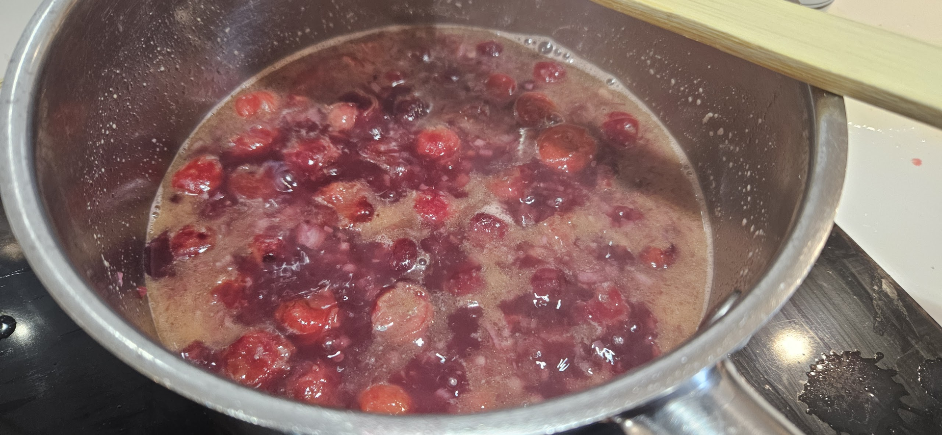 The cherry sauce starts with shallot, red wine, stock, and balsamic, then gets finished with cold butter and a little honey.