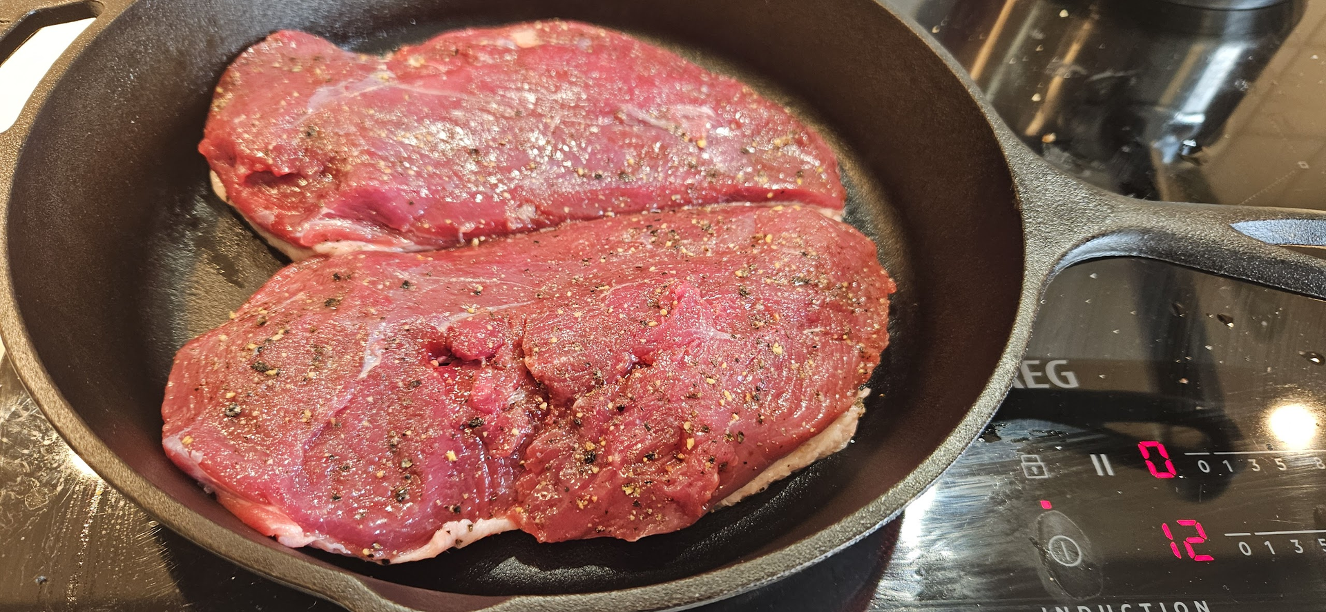 Start the duck breasts in a cold pan skin-side down so the fat renders slowly and the skin browns evenly.