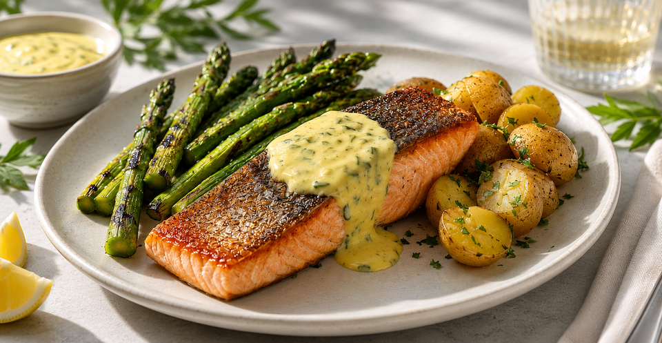 Grillet laks med asparges og enkel béarnaise